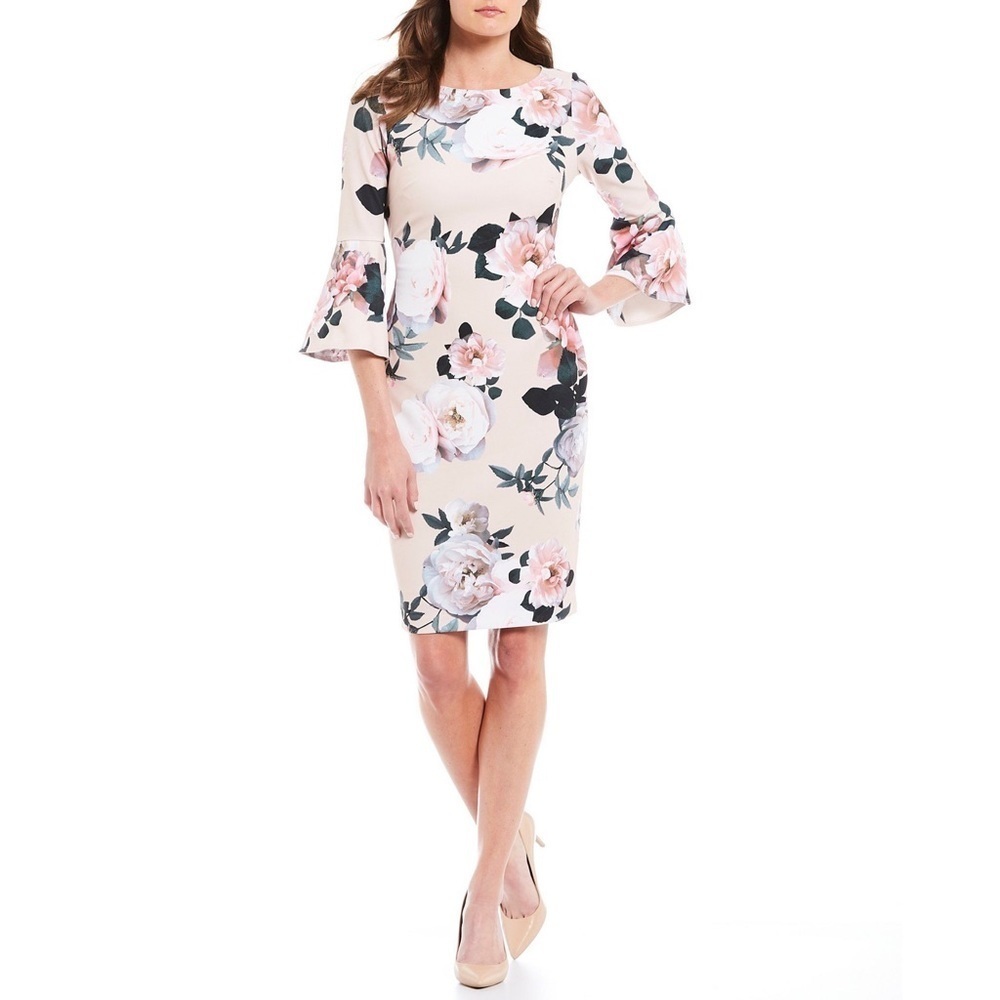 CALVIN KLEIN FLORAL ROSE BELL SLEEVE FITTED STRETCH SHEATH SPRING COCKTAIL DRESS